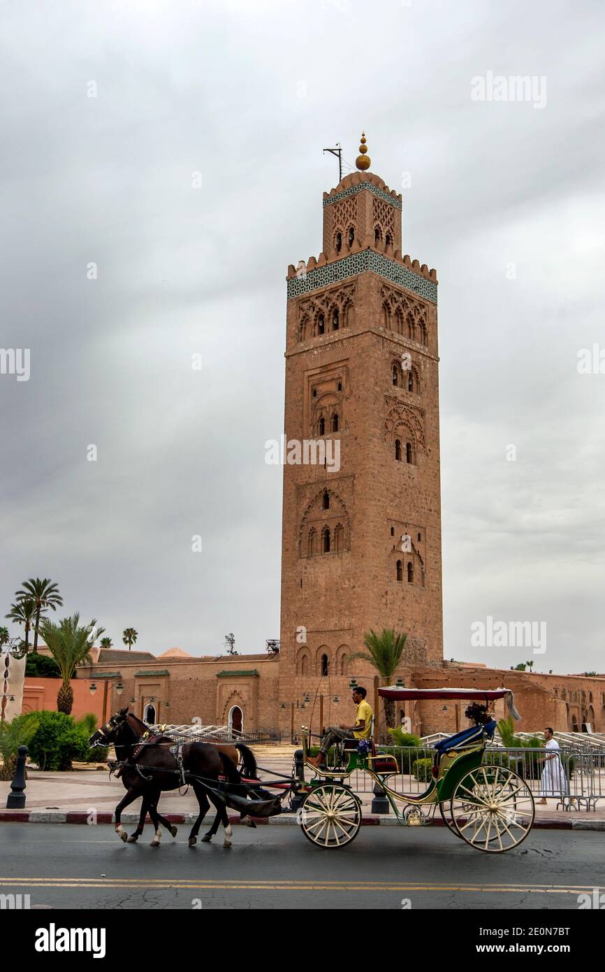 Une promenade à cheval et en calèche au-delà de la tour de la mosquée de la Koutoubia à Marrakech. Marrakech, fondée en 1062, est l'une des quatre anciennes villes impériales du Maroc. Banque D'Images