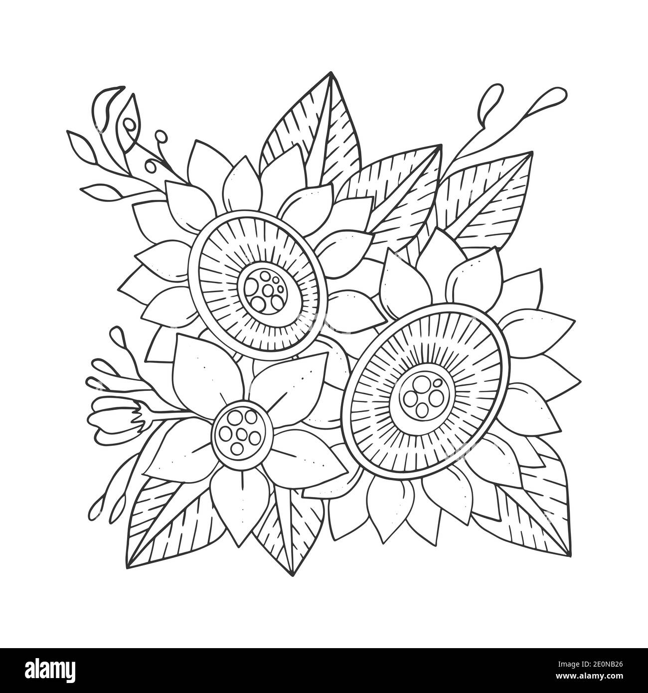 Motif floral Zen, lignes noires sur fond blanc, coloration antistress. Décoration fleur dessinée à la main. Illustration vectorielle. Illustration de Vecteur