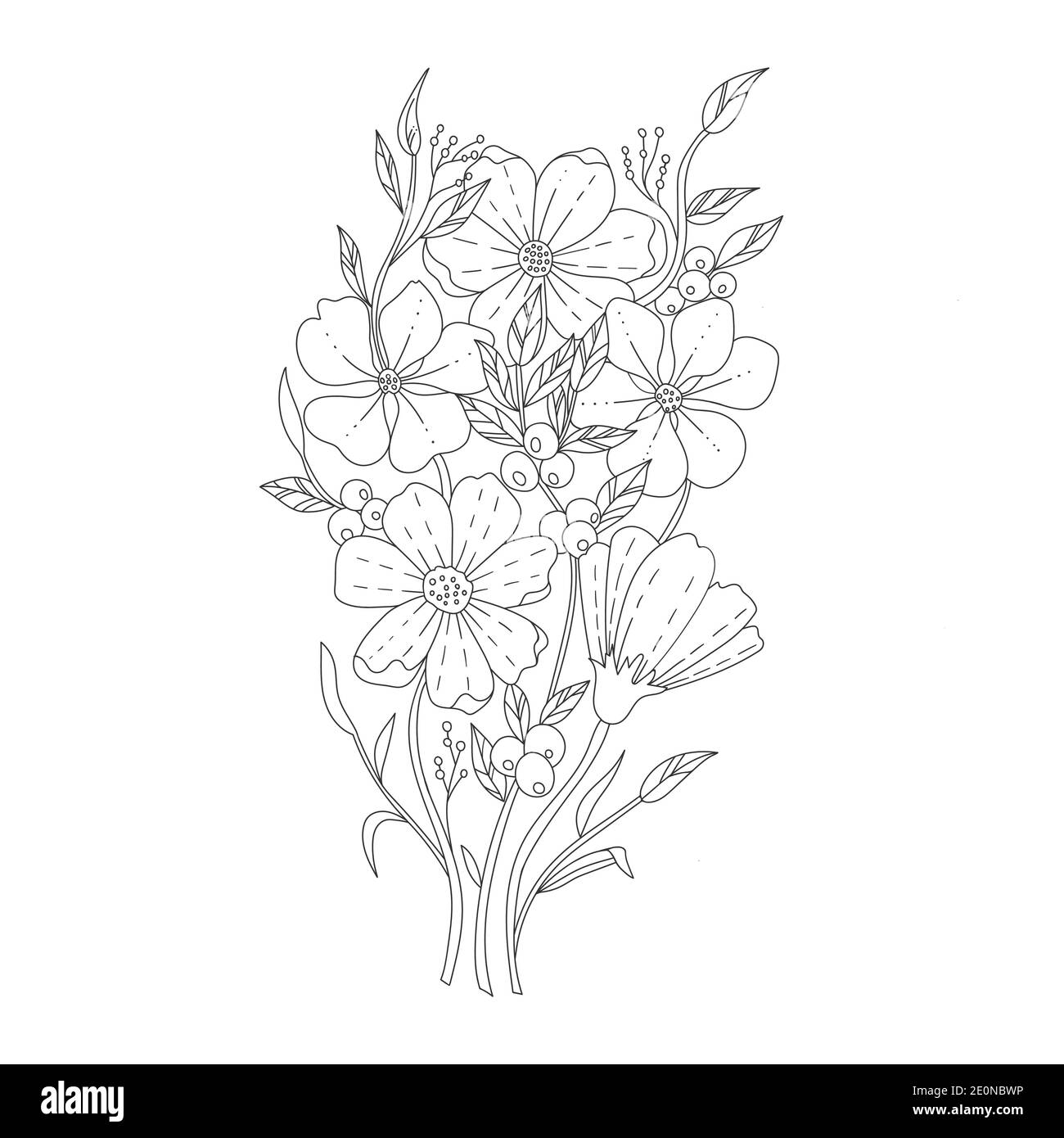 Bouquet de fleurs page de livre de coloriage pour adultes, décoration en flanelle dessinée à la main en noir et blanc. Illustration vectorielle. Motif en forme de Zendoodle. Illustration de Vecteur