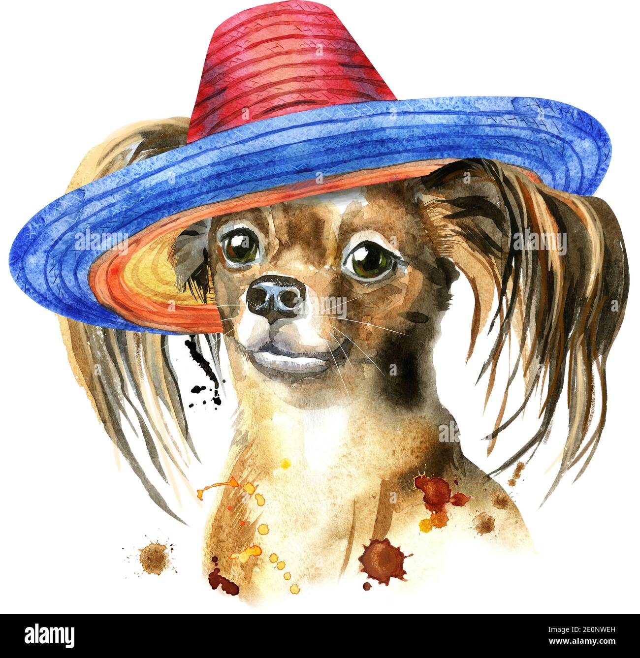 Joli chien avec chapeau marron et noeud sur le côté. Motifs pour t-shirt de chien. Aquarelle pour terrier Banque D'Images