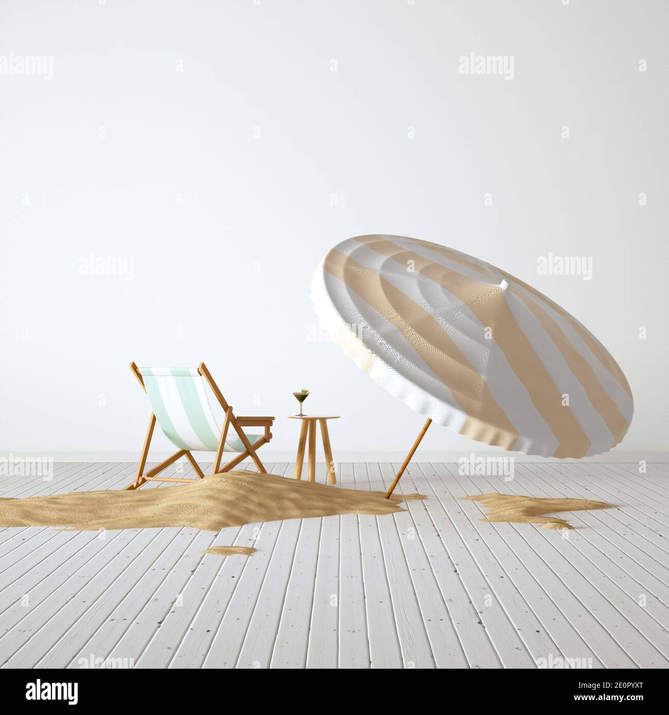 Plage de sable, chaise de plage et parasol à l'intérieur de la salle de séjour avec un cocktail sur la table. Mise en quarantaine de la plage dans un salon, vacances à la maison. Nouveau n Banque D'Images