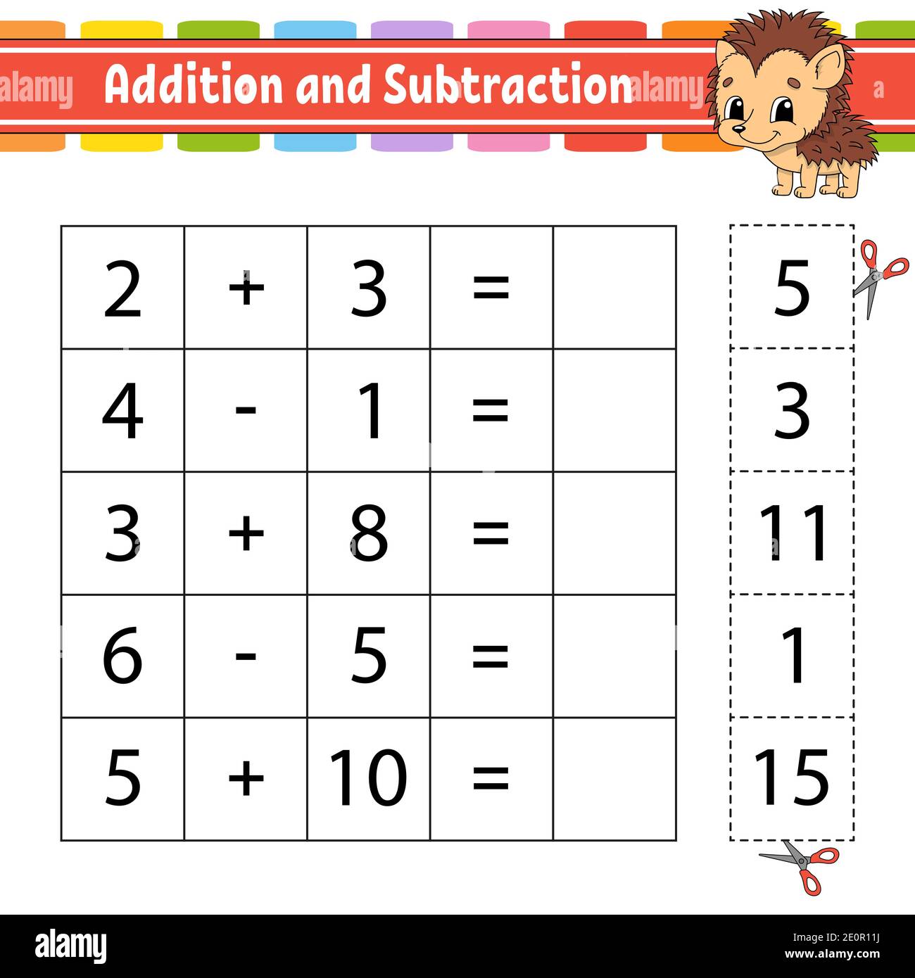 Addition et soustraction. Pour les enfants. Feuille de travail de développement de l'éducation. Page activité. Jeu pour enfants. Caractère drôle. Vecteur isolé illustrati Illustration de Vecteur