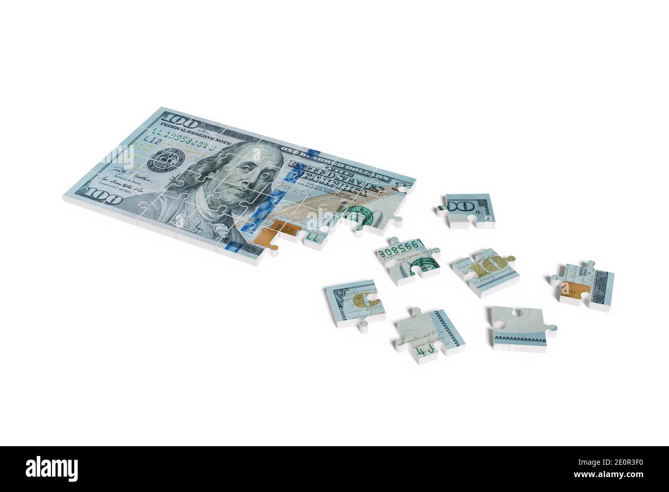 Un puzzle cent Dollar Bill isolé sur fond blanc. illustration 3d. Banque D'Images