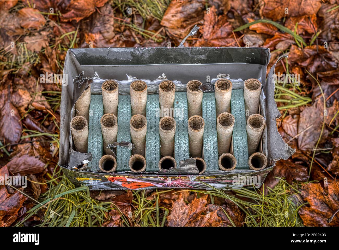 Une boîte de feux d'artifice brûlés au milieu des feuilles, Danemark, 2 janvier 2021 Banque D'Images