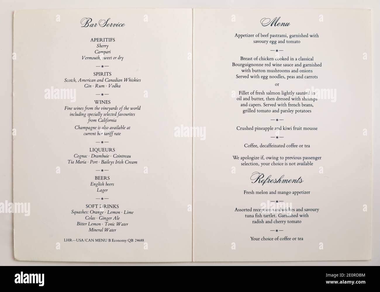 British Airways London Heathrow vers USA carte de menu de vol transatlantique des années 1980. Banque D'Images