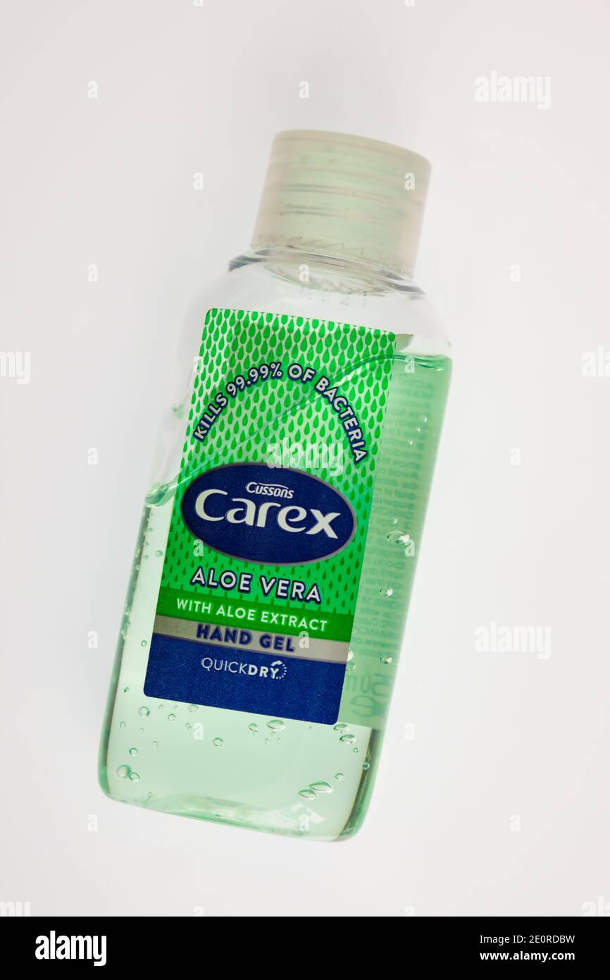 Gel pour les mains Cussons Carex. Aloe vera avec extrait. Nettoyant antibactérien. Sur blanc. Banque D'Images