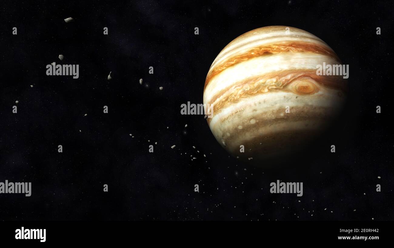 Illustration numérique de la planète Jupiter et des stéroïdes Banque D'Images