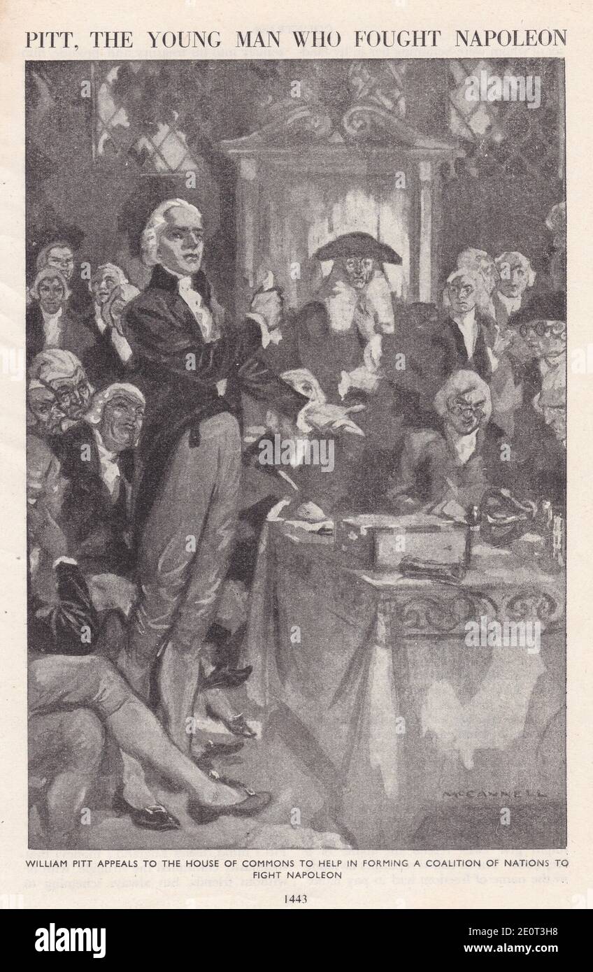 William Pitt lance un appel à la Chambre des communes pour l'aider à former une coalition des nations pour lutter contre Napoléon. Banque D'Images