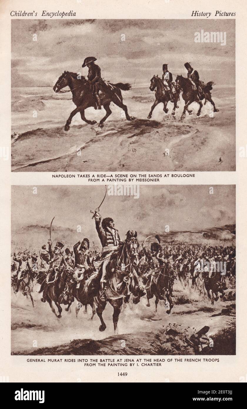 Napoléon prend un tour - une scène sur le sable à Boulogne / le général Murat se dirige dans la bataille de Jena à la tête des troupes françaises. Banque D'Images