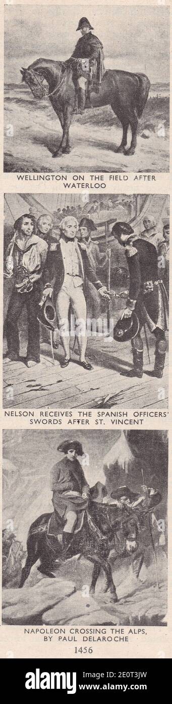 Wellington sur le terrain après Waterloo / Nelson reçoit les épées des officiers espagnols après Saint-Vincent / Napoléon traversant les Alpes. Banque D'Images