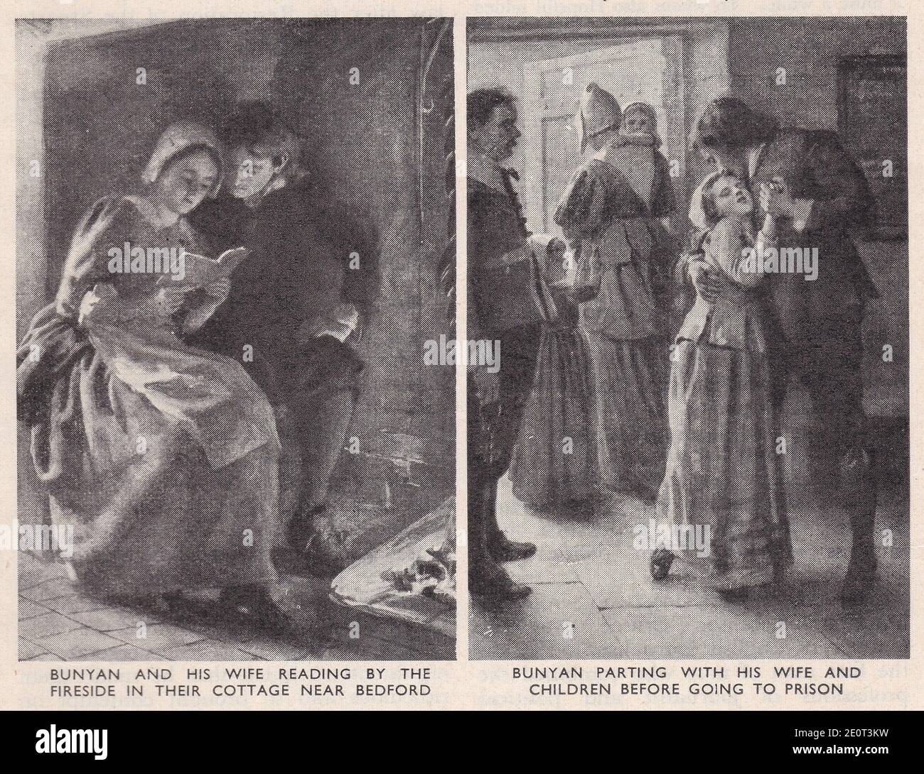 John Bunyan - Bunyan et sa femme lisant au coin du feu dans leur chalet près de Bedford / Bunyan se délayant avec sa femme et ses enfants avant d'aller en prison. Banque D'Images