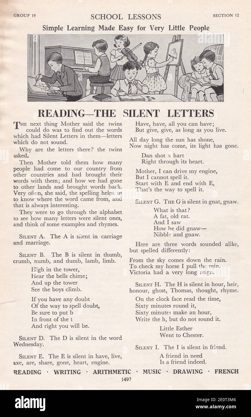 Leçon d'école vintage - lecture - les lettres silencieuses. Banque D'Images