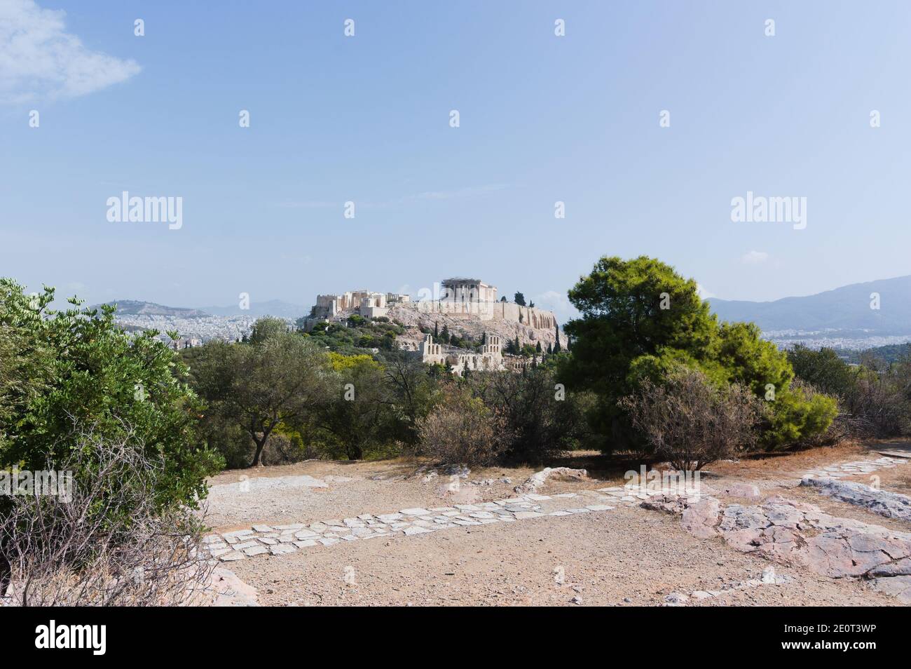 Vue panoramique sur l'Acropole depuis la colline de Philoppou, Athènes, Grèce. Banque D'Images