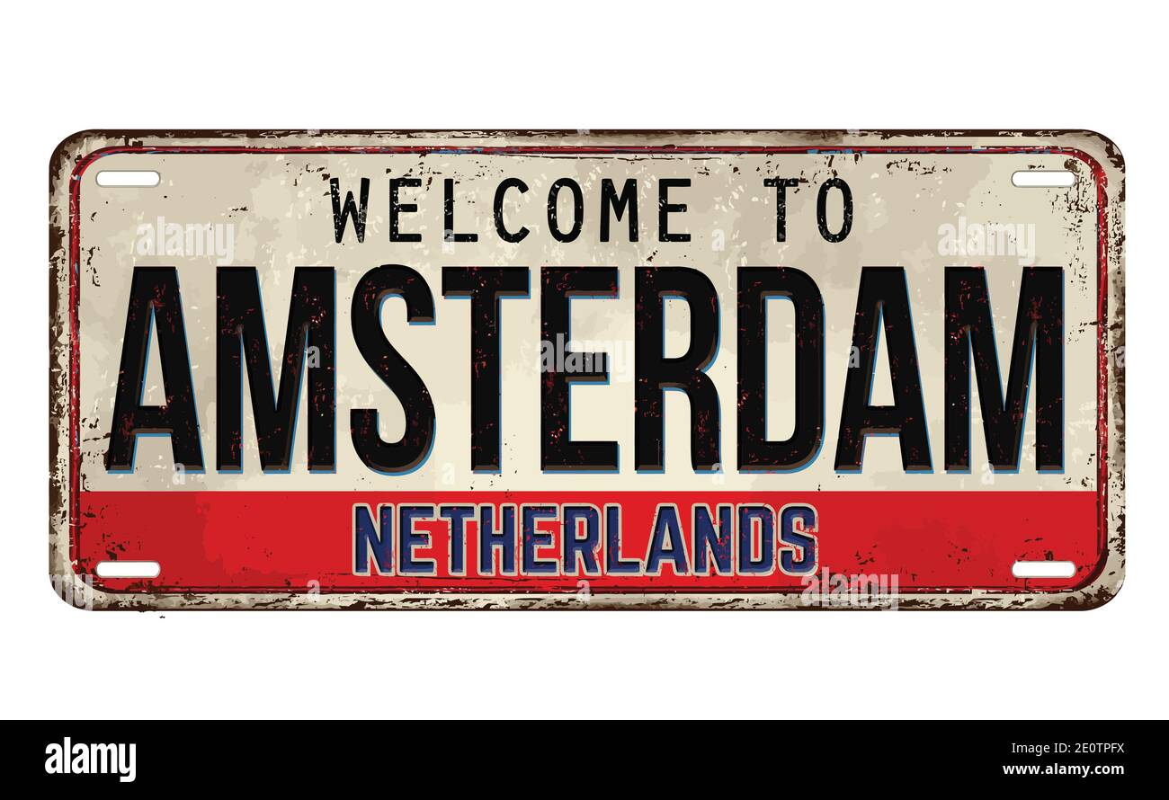 Bienvenue à Amsterdam plaque de métal rouille vintage sur fond blanc, illustration vectorielle Illustration de Vecteur