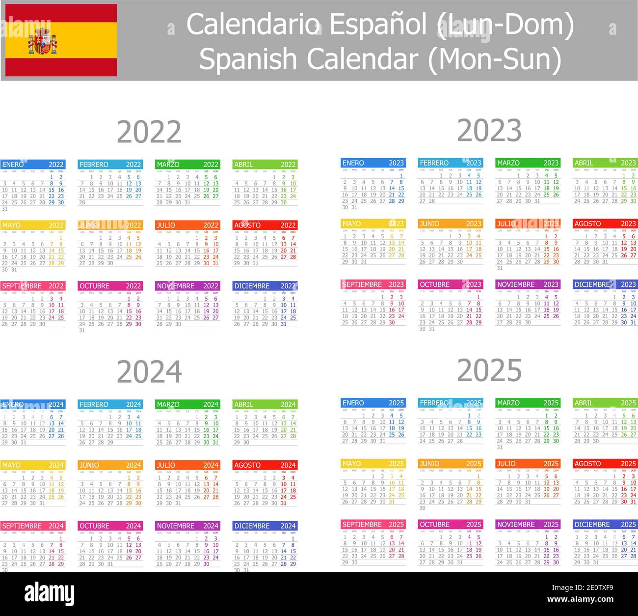 2022-2025 Espagnol Type-1 Calendrier mon-Soleil sur fond blanc Illustration de Vecteur