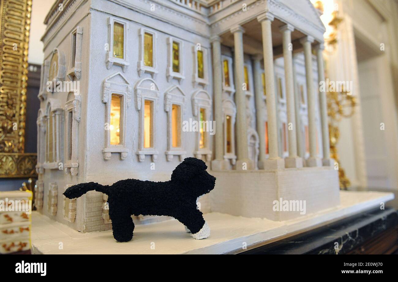 Réplique de la Maison Blanche en pain d'épice, avec une version miniature de chien de famille, Bo, dans la salle à manger de l'État lors d'un aperçu de la presse des décorations de Noël de la Maison Blanche à Washington, DC, Etats-Unis le 28 novembre 2012.photo par Olivier Douliery/ABACAPRESS.COM Banque D'Images