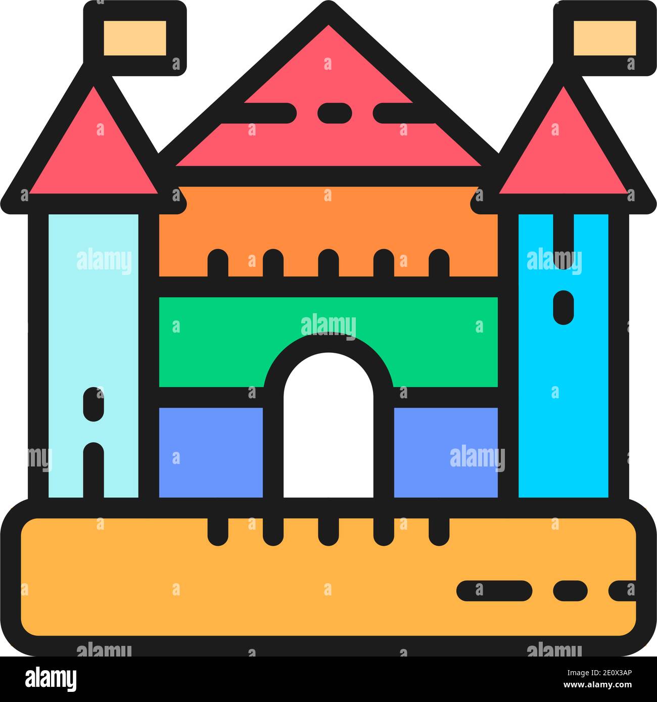 Château de Bouncy pour le terrain de jeu, complexe de divertissement pour enfants icône de ligne de couleur plate. Illustration de Vecteur