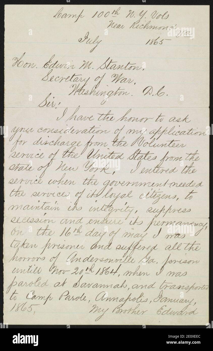 Lettre de Cornelius C. Moore au secrétaire à la guerre Edwin M. Stanton pour demander la décharge Banque D'Images