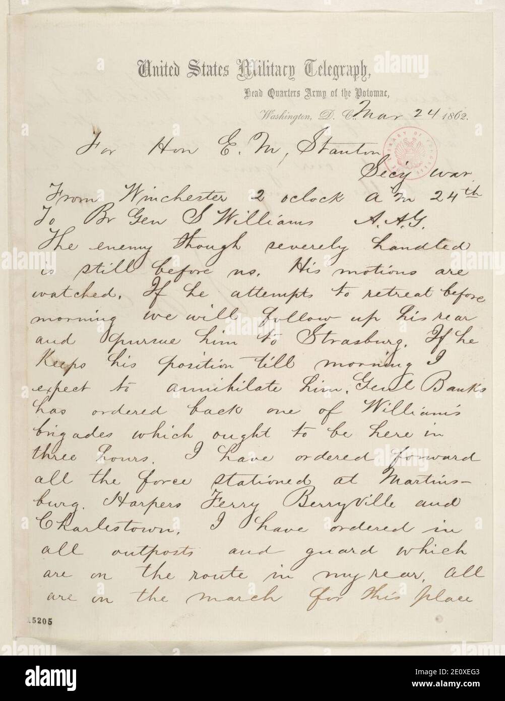 Lettre de James Shields à Edwin M. Stanton (1). Banque D'Images