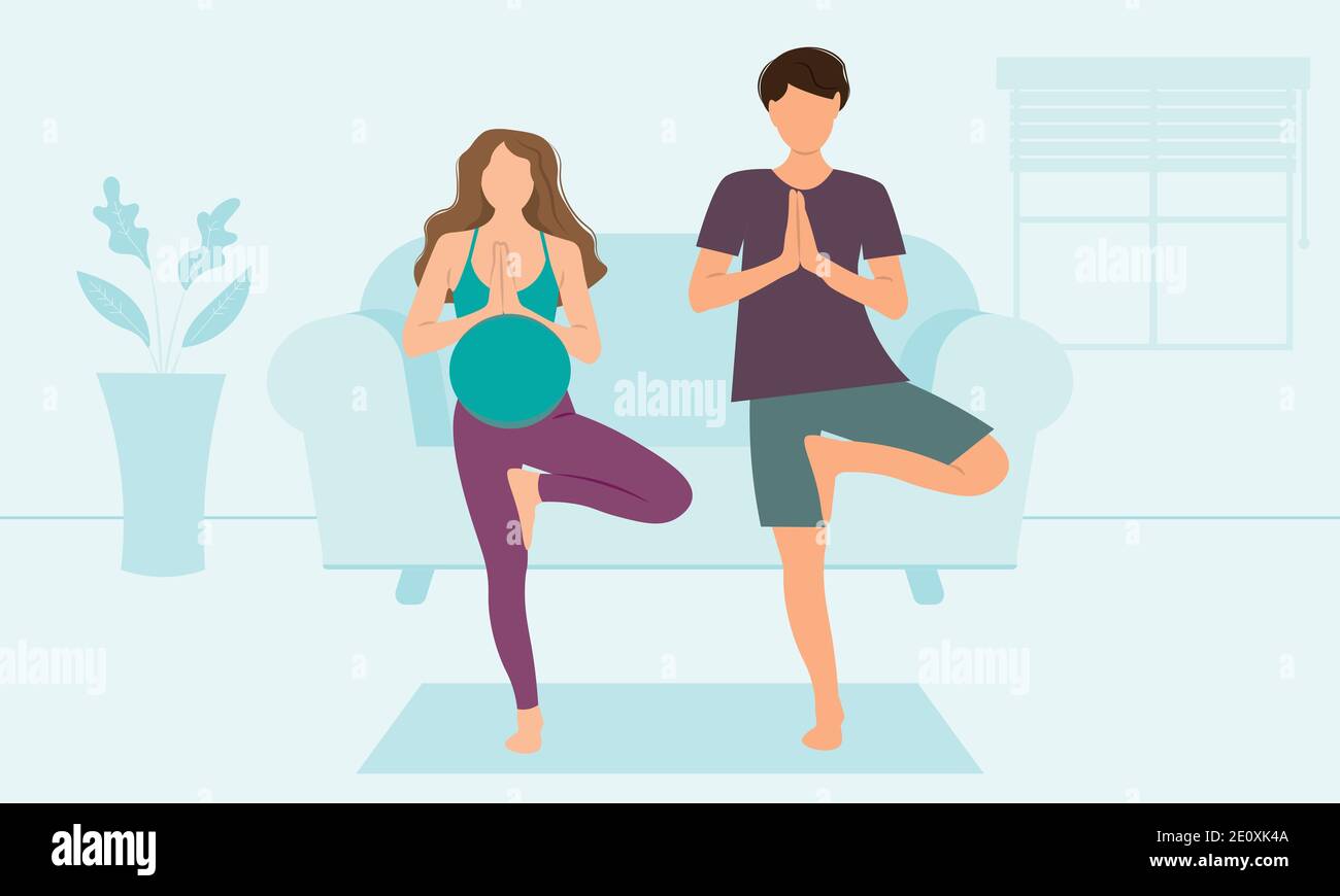 Couple doing yoga at home Illustration de Vecteur