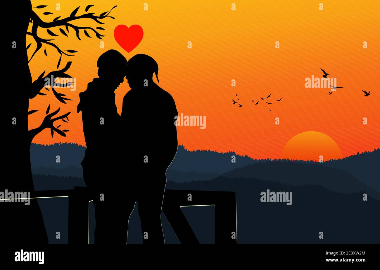 Un couple homme et femme debout sous l'arbre avec coucher de soleil dans le ciel le soir avec illustration vectorielle de la conception d'arrière-plan de montagne Illustration de Vecteur