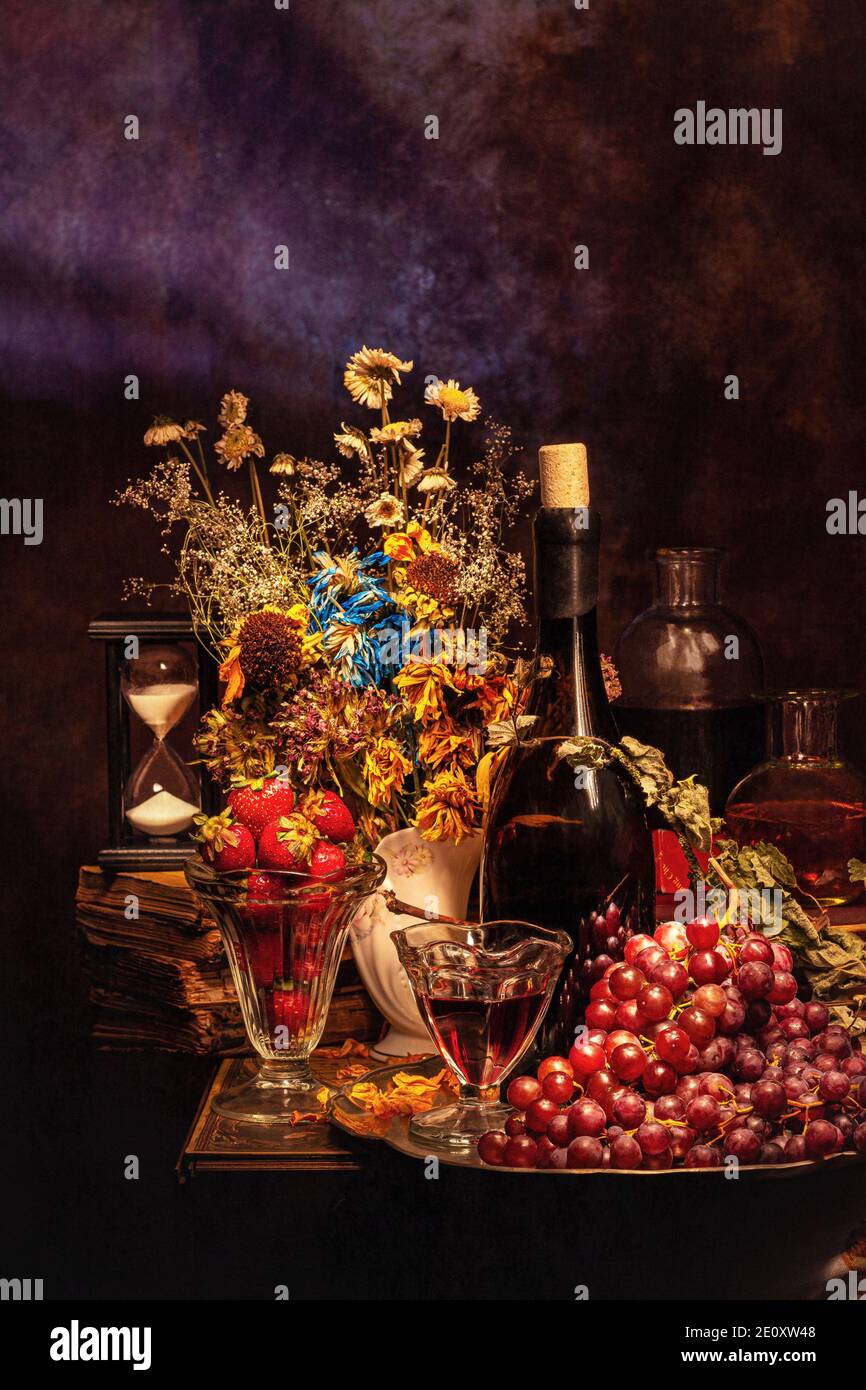 Encore vie de fruits, vins et pots, style naturaliste caravaggiste basé sur la période picturale baroque. Banque D'Images