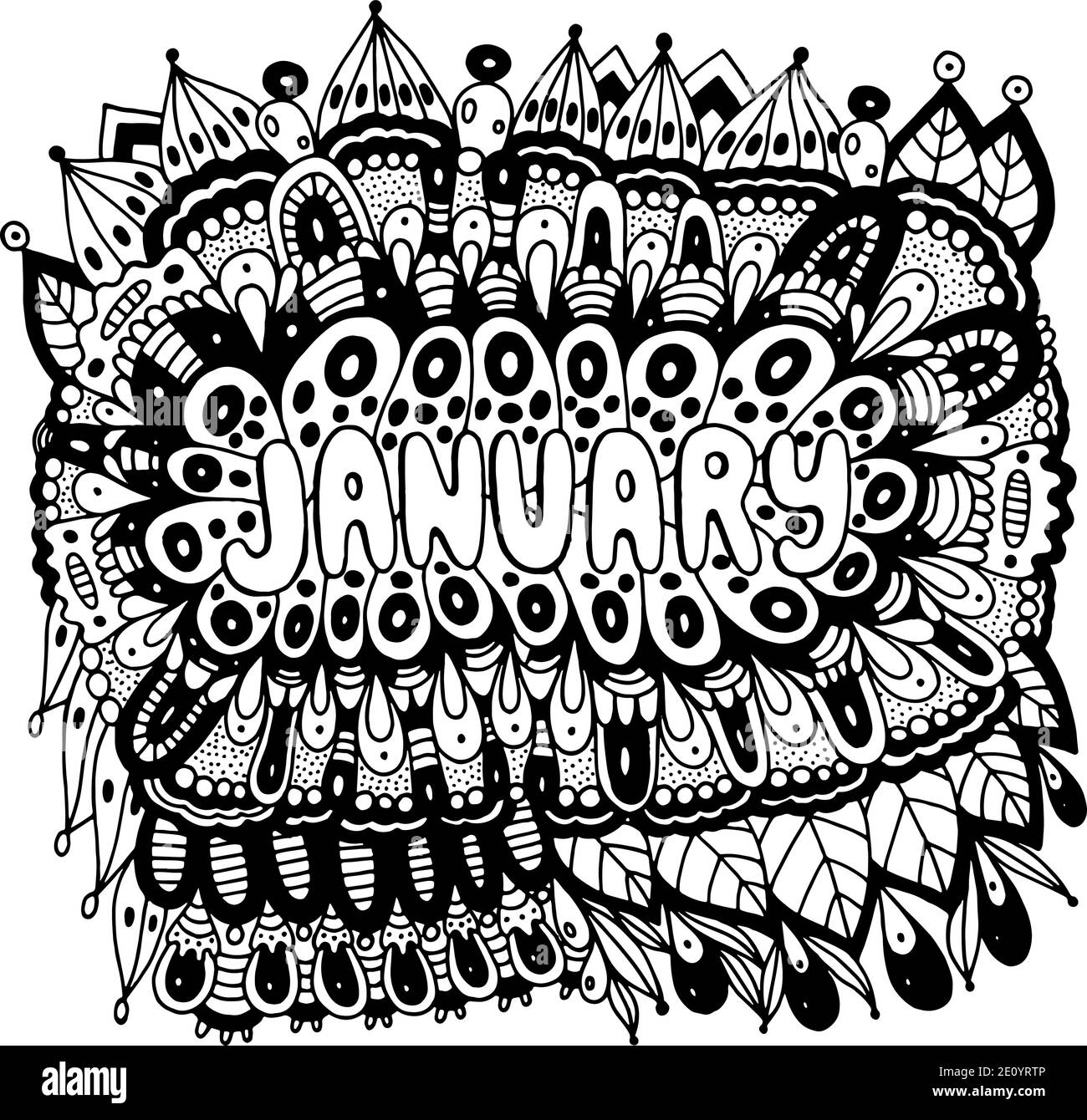 Janvier - page de coloriage pour adultes. Mandala avec des mois de l