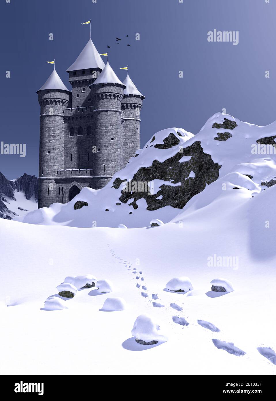 Empreintes de pas menant au château de princesse de conte de fées enchanteur dans les montagnes enneigées, rendu 3d. Banque D'Images