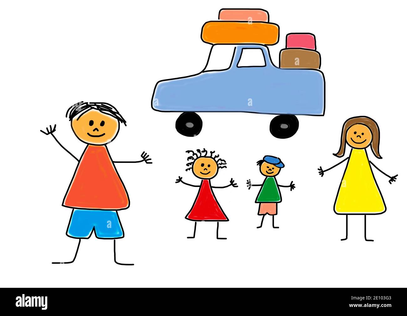 Illustration naïve, dessin d'enfants, famille va en vacances en voiture, Autriche, Europe Banque D'Images