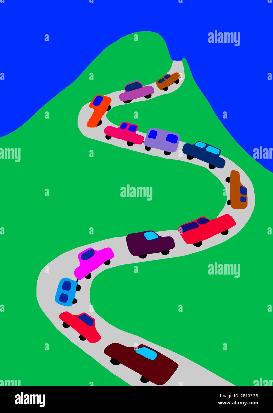 Illustration naïve, dessin d'enfants, voitures roulant sur une route de montagne, Autriche, Europe Banque D'Images