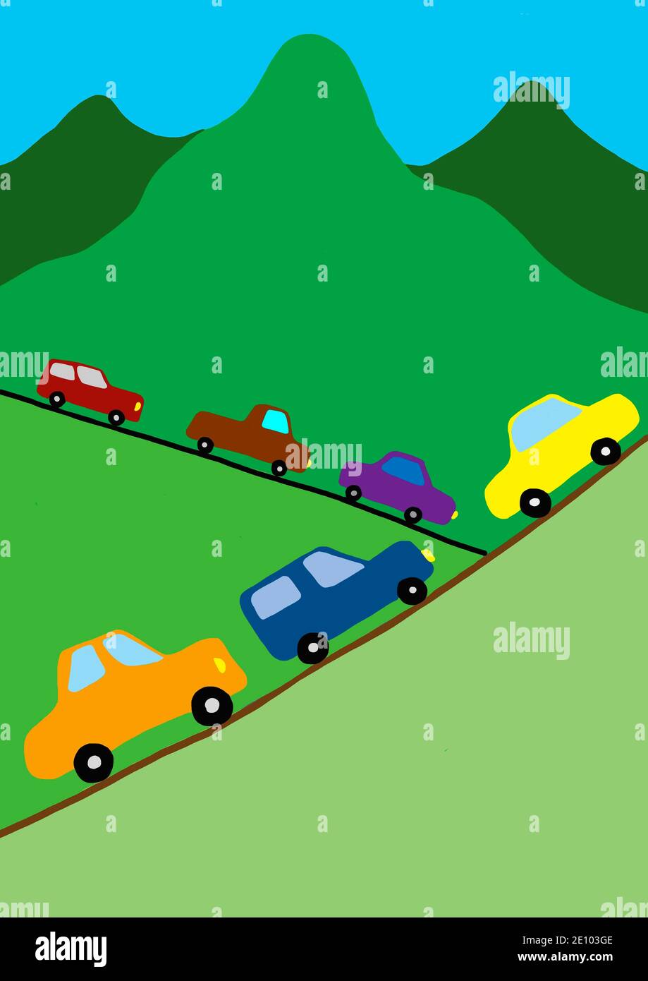 Illustration naïve, dessin d'enfants, circulation automobile dans les montagnes, Autriche, Europe Banque D'Images