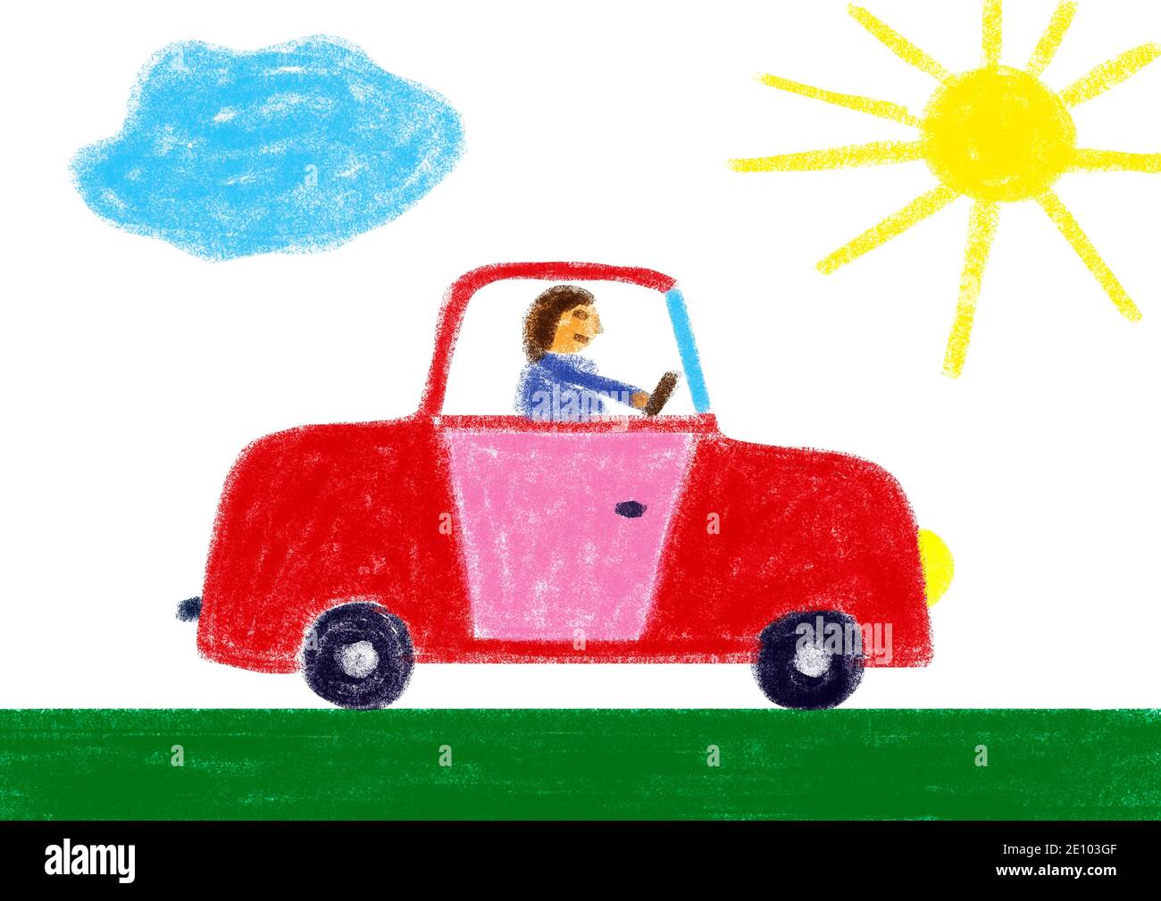 Illustration naïve, dessin d'enfant, voiture rouge au soleil, Autriche, Europe Banque D'Images