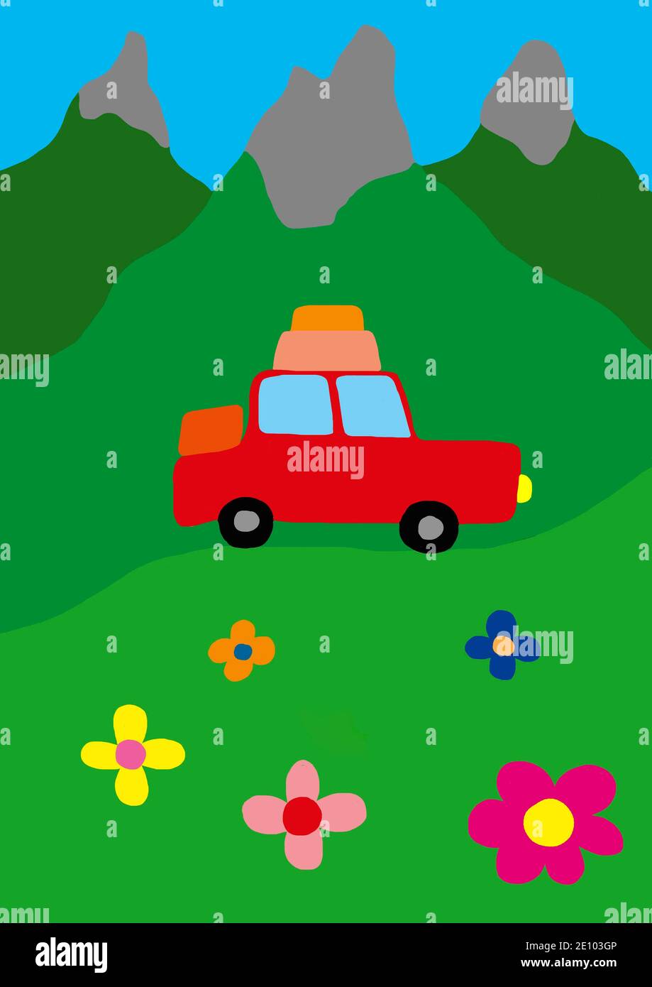Illustration naïve, dessin d'enfants, voiture et fleurs en montagne, Autriche, Europe Banque D'Images
