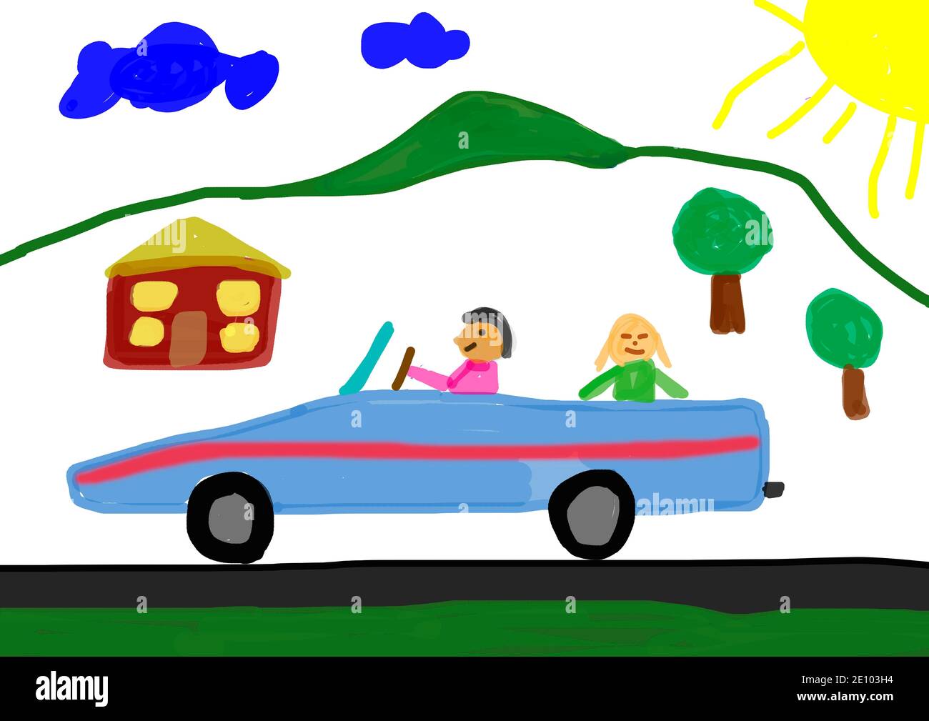 Illustration naïve, dessin d'enfants, voiture avec voiture de sport, Autriche, Europe Banque D'Images