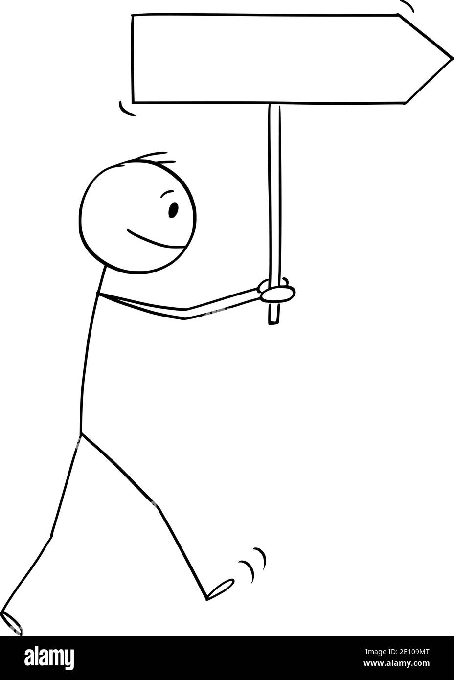 Illustration vectorielle de la figure de bâton de dessin animé de l'homme ou de l'homme d'affaires tenant et marchant avec le signe de flèche vide. Illustration de Vecteur