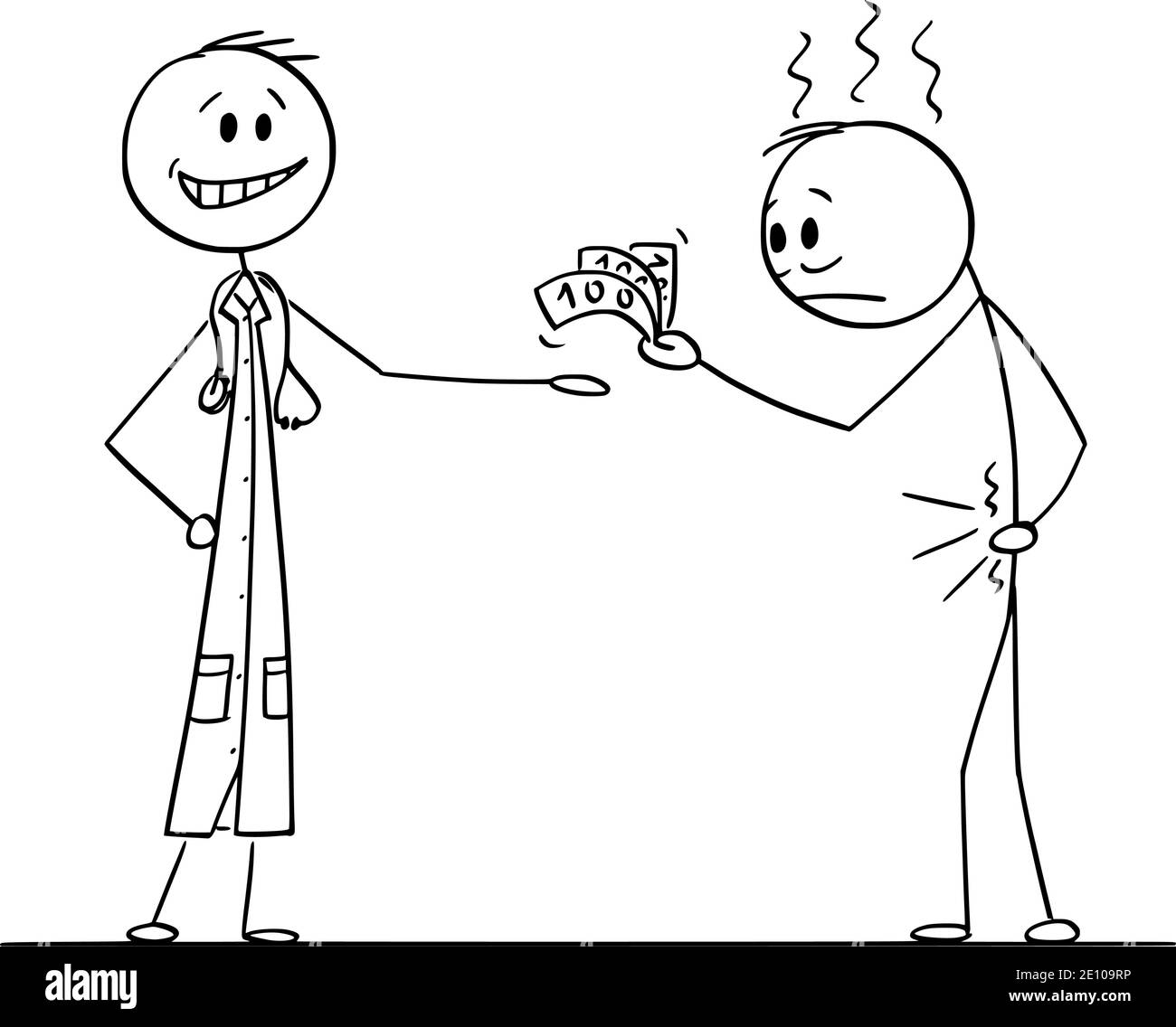 Vecteur bâton de dessin animé figure illustration de l'homme malade ou patient payant beaucoup d'argent au médecin pour la thérapie ou le traitement médical. Illustration de Vecteur