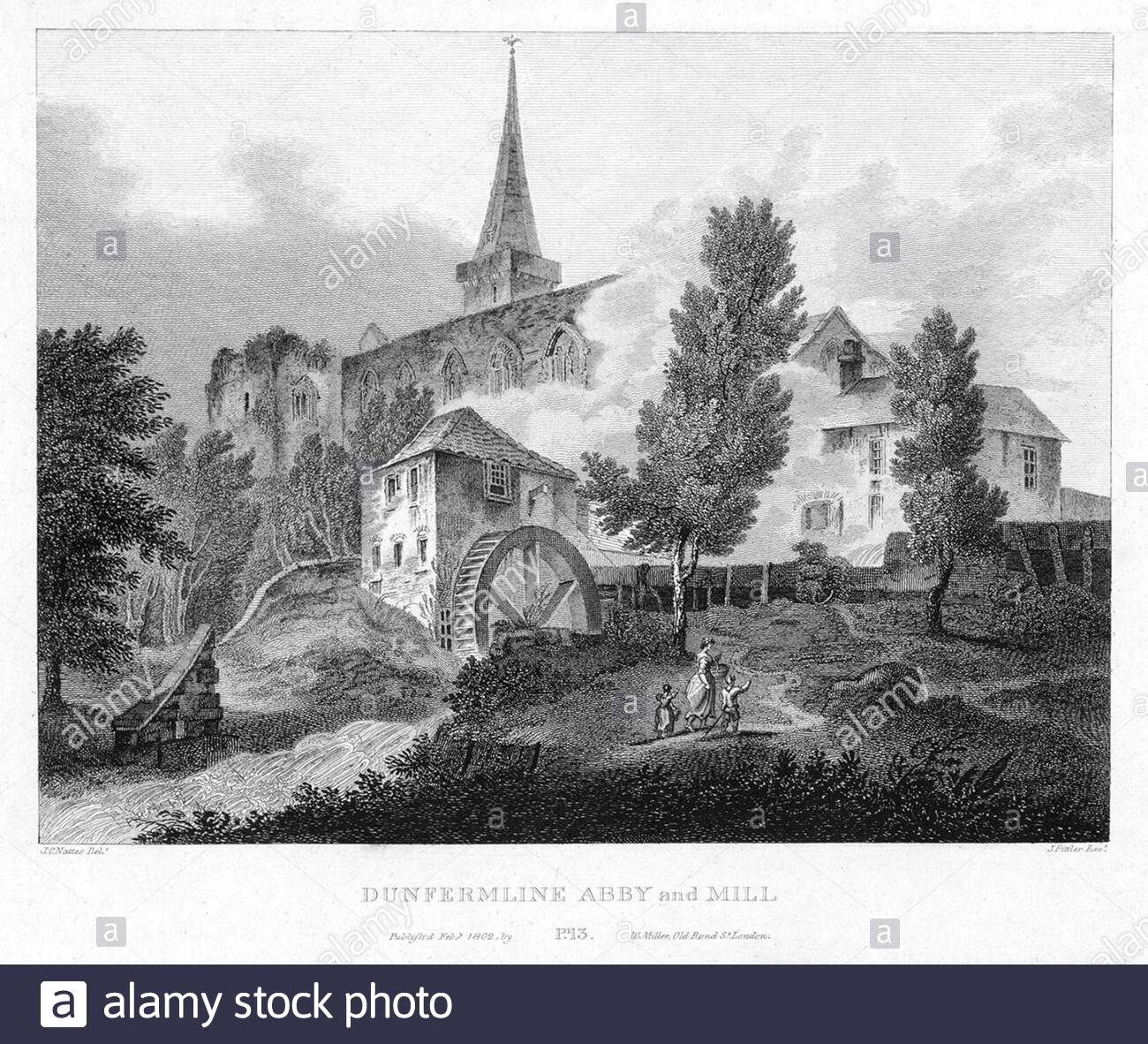 Abbaye et moulin de Dunfermline, Écosse, gravure ancienne de 1804 Banque D'Images