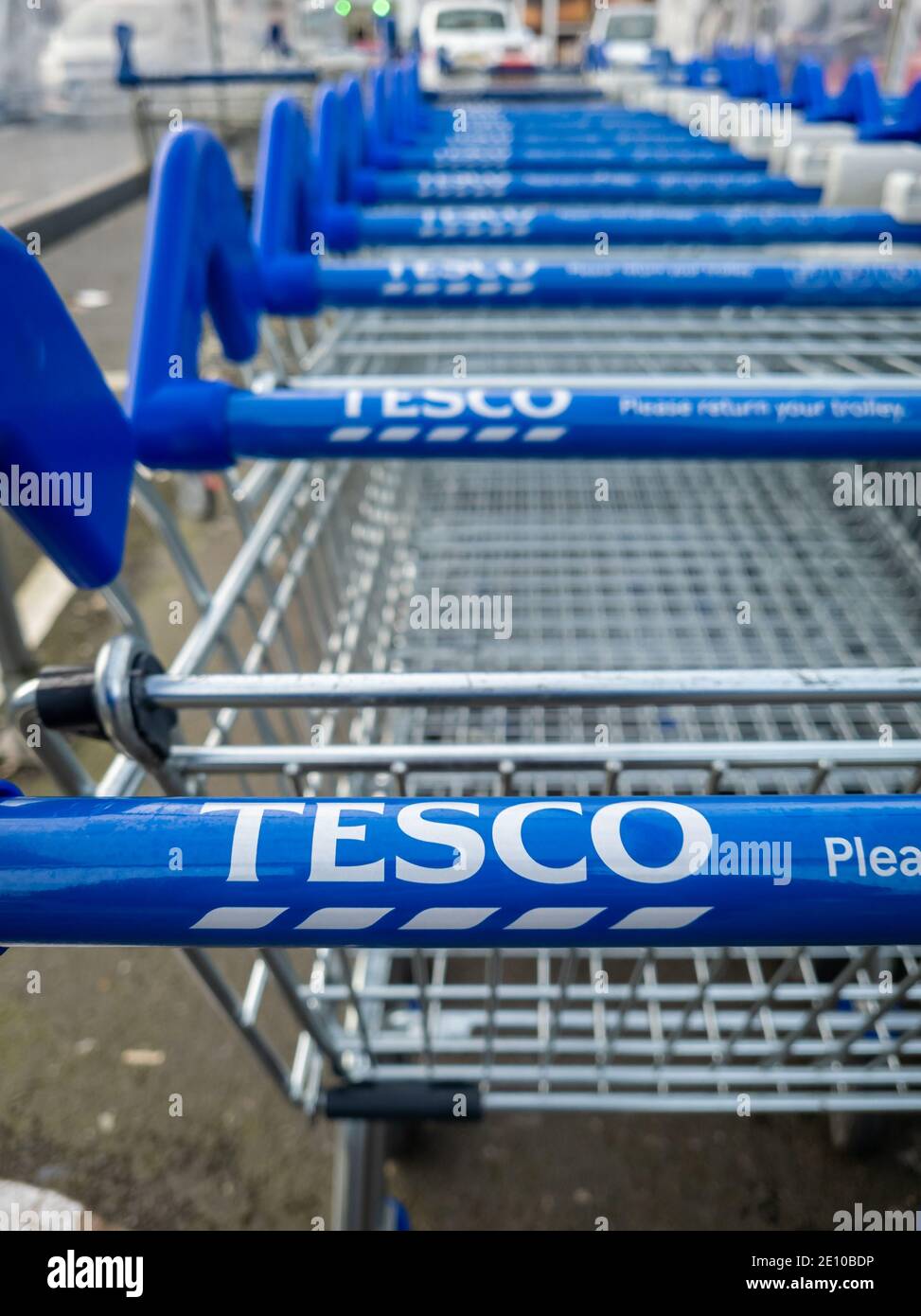 Une rangée de chariots de la chaîne de supermarchés Tesco PLC Banque D'Images