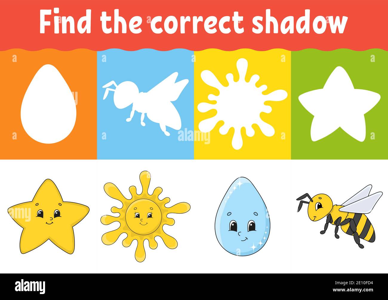 Trouver la bonne ombre. Développement de l'éducation fiche de travail. Jeu d'association pour les enfants. Page de l'activité. Casse-tête pour les enfants. Devinette pour les enfants d'âge préscolaire. Le CCRVSI mignon Illustration de Vecteur