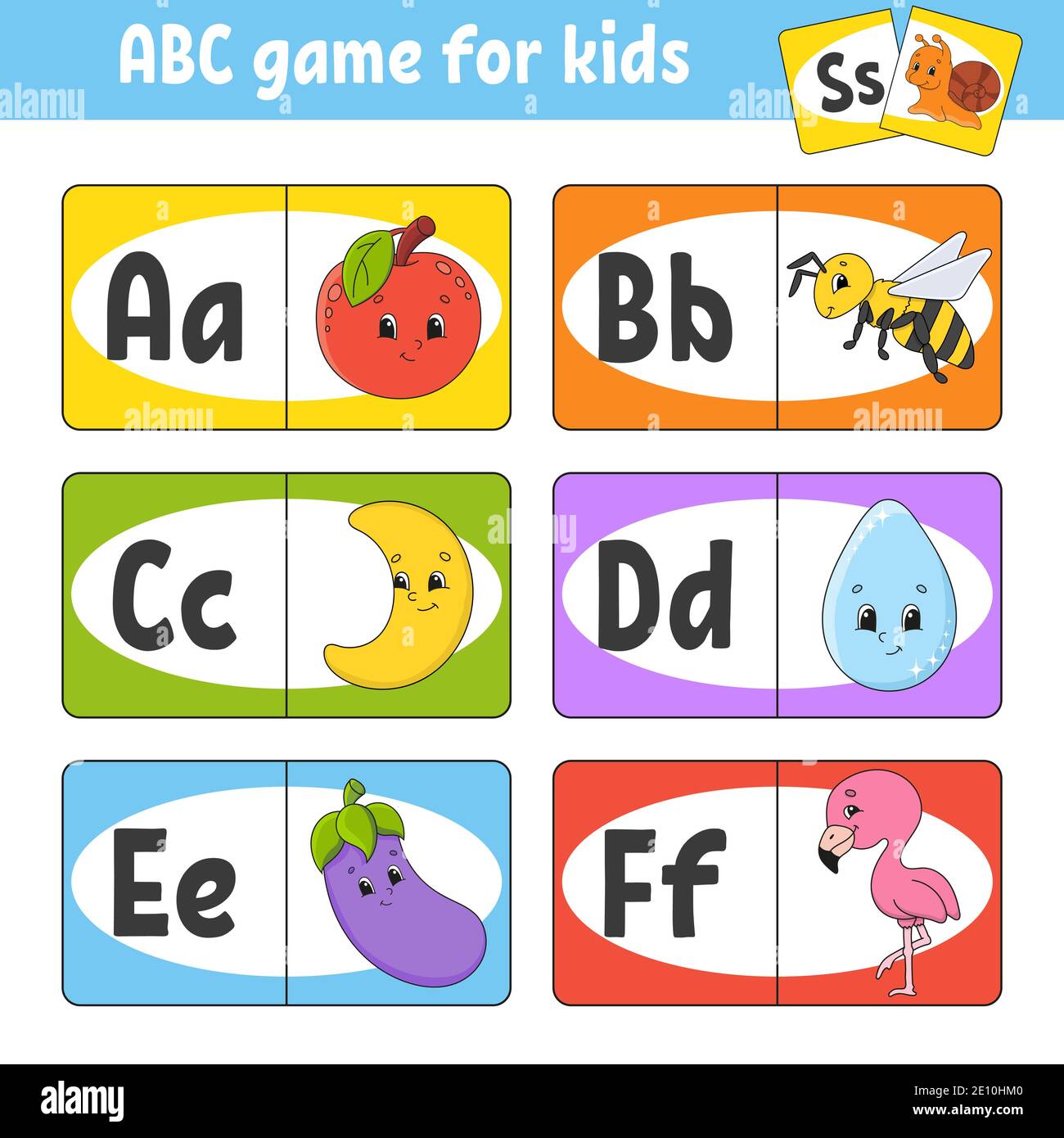 Définissez les cartes flash ABC. Alphabet pour enfants. Lettres d'apprentissage. Feuille de travail de développement de l'éducation. Page d'activité pour l'étude en anglais. Jeu pour enfants. Drôle de ch Illustration de Vecteur