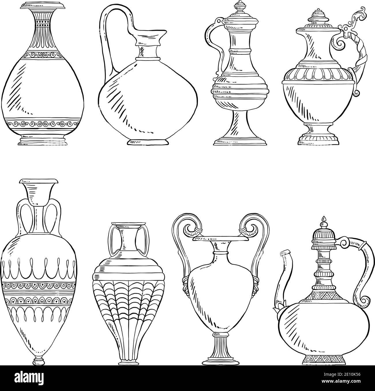 Vases vintage dessinés à la main, poterie antique détaillée, illustrations vectorielles isolées sur fond blanc Illustration de Vecteur