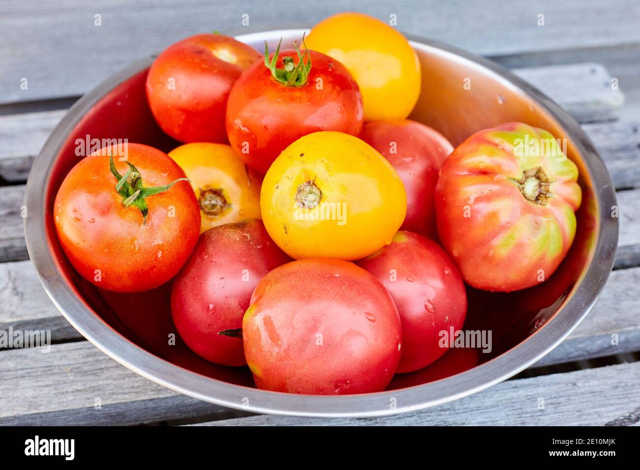 Bol en acier inoxydable de tomates fraîches sur une surface en bois à lamelles 1 Banque D'Images