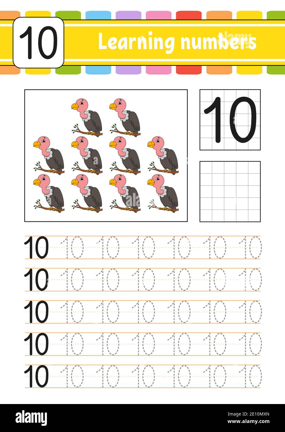 Suivi et écriture. Pratique de l'écriture manuscrite. Numéros d'apprentissage pour les enfants. Feuille de travail de développement de l'éducation. Page activité. Jeu pour les tout-petits et les enfants d'âge préscolaire. I Illustration de Vecteur