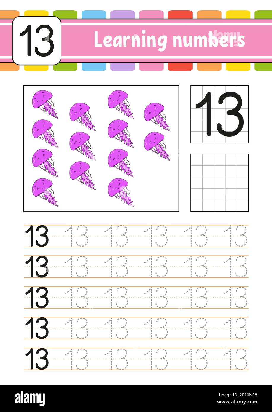 Suivi et écriture. Pratique de l'écriture manuscrite. Numéros d'apprentissage pour les enfants. Feuille de travail de développement de l'éducation. Page activité. Jeu pour les tout-petits et les enfants d'âge préscolaire. I Illustration de Vecteur