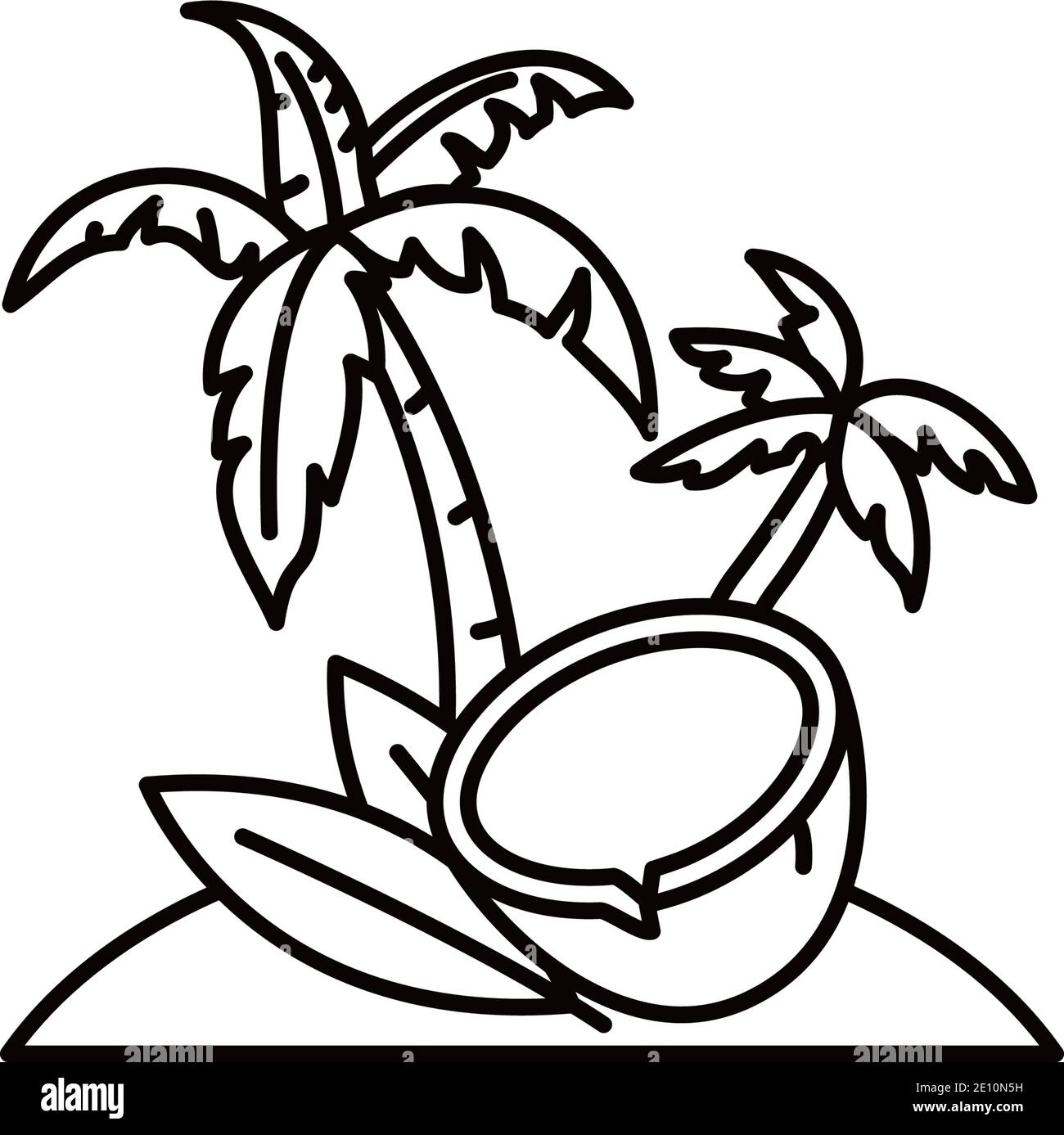Île tropicale avec noix de coco et palmiers icône de ligne vectorielle. Illustration de Vecteur