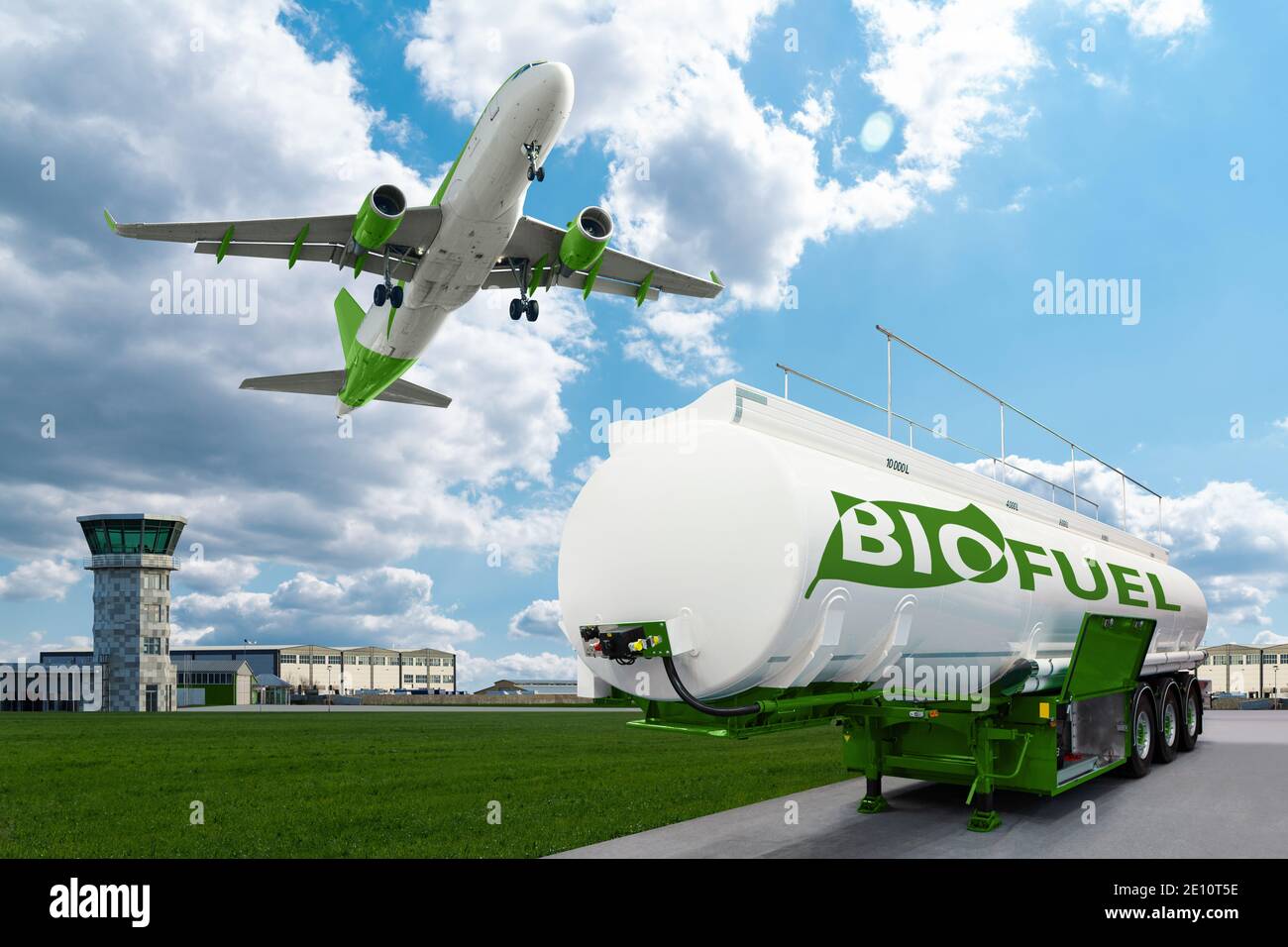 Avion et remorque-citerne biocombustible en arrière-plan de l'aéroport. Nouvelles sources d'énergie Banque D'Images