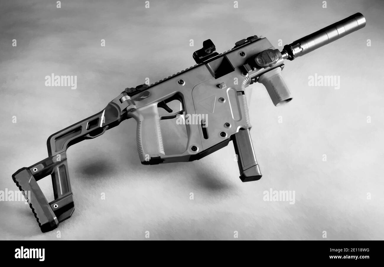 Pistolet automatique moderne à boîtier court pliable 9 mm avec silencieux/suppresseur. Banque D'Images