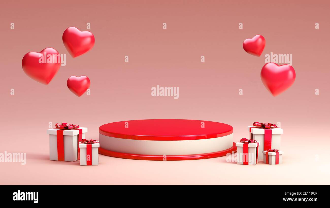Podium rouge et blanc de la Saint-Valentin avec coeurs et cadeaux en rendu 3D pour la scène de présentation des produits. Plate-forme d'affichage Banque D'Images