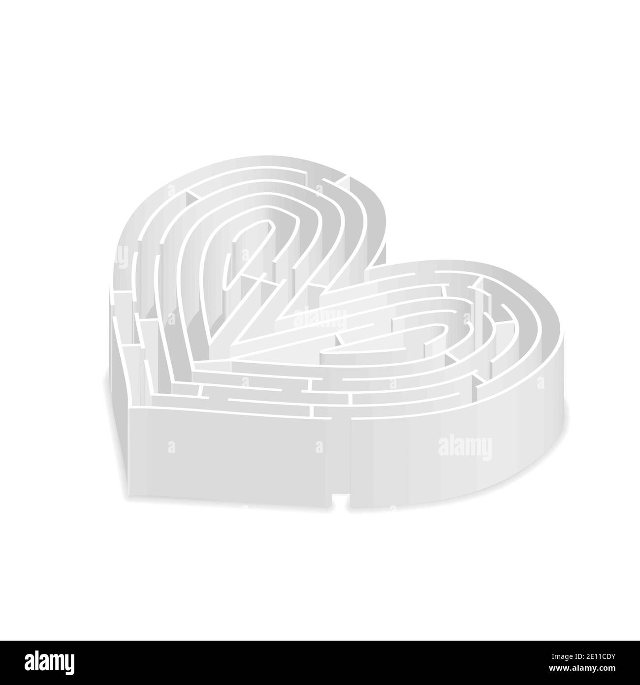 Labyrinthe gris compliqué en forme de cœur dans la vue isométrique activée blanc Illustration de Vecteur