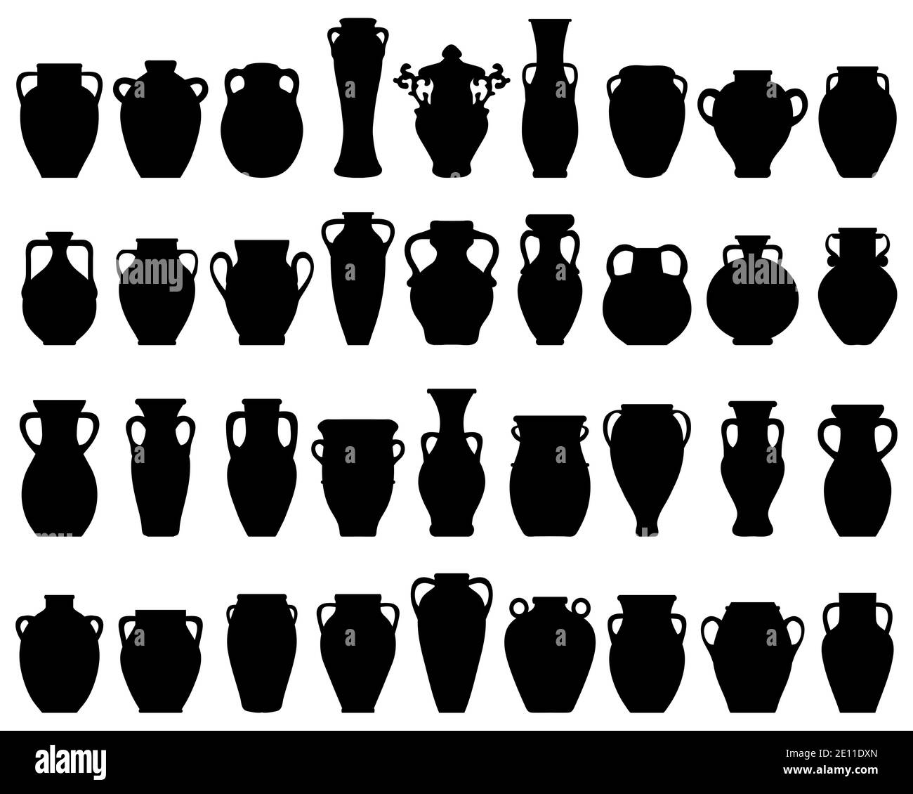 Silhouettes noires de pots à fleurs, poteries et vases sur fond blanc pots à fleurs, poterie, silhouette, faïence, pots, jardinage, vases, flux Banque D'Images